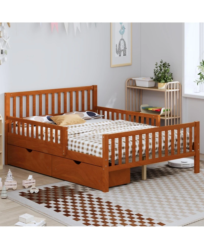 Rainsken Simple Wood Platform Bed with Guardrails on Both Sides and Two Storage Drawers