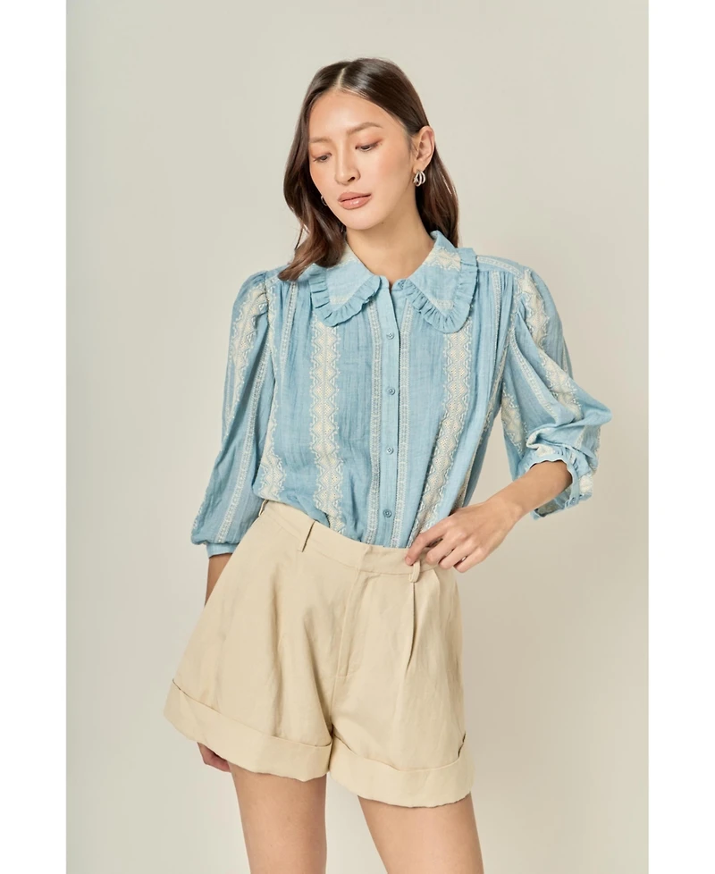 English Factory Women's Embroidered Ruffle Collar Blouse