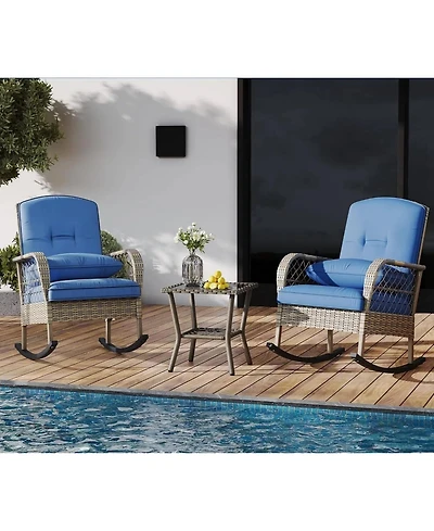 homfan Outdoor Wicker Rocking Chair Set, Rattan Garden Bistro Set with 2 Rockers and 1 Table for Patio or Backyard