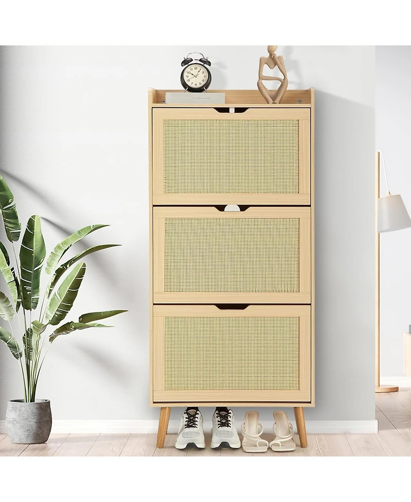 gaomon Narrow 3-Tier Shoe Cabinet with 3 Woven Rattan Flip Drawers