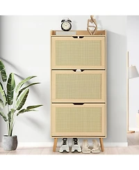 gaomon Narrow 3-Tier Shoe Cabinet with 3 Woven Rattan Flip Drawers
