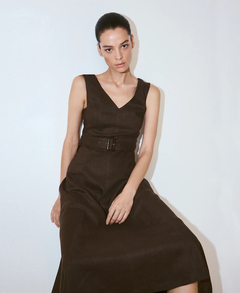 Mango Women's Belt Linen Midi-Dress