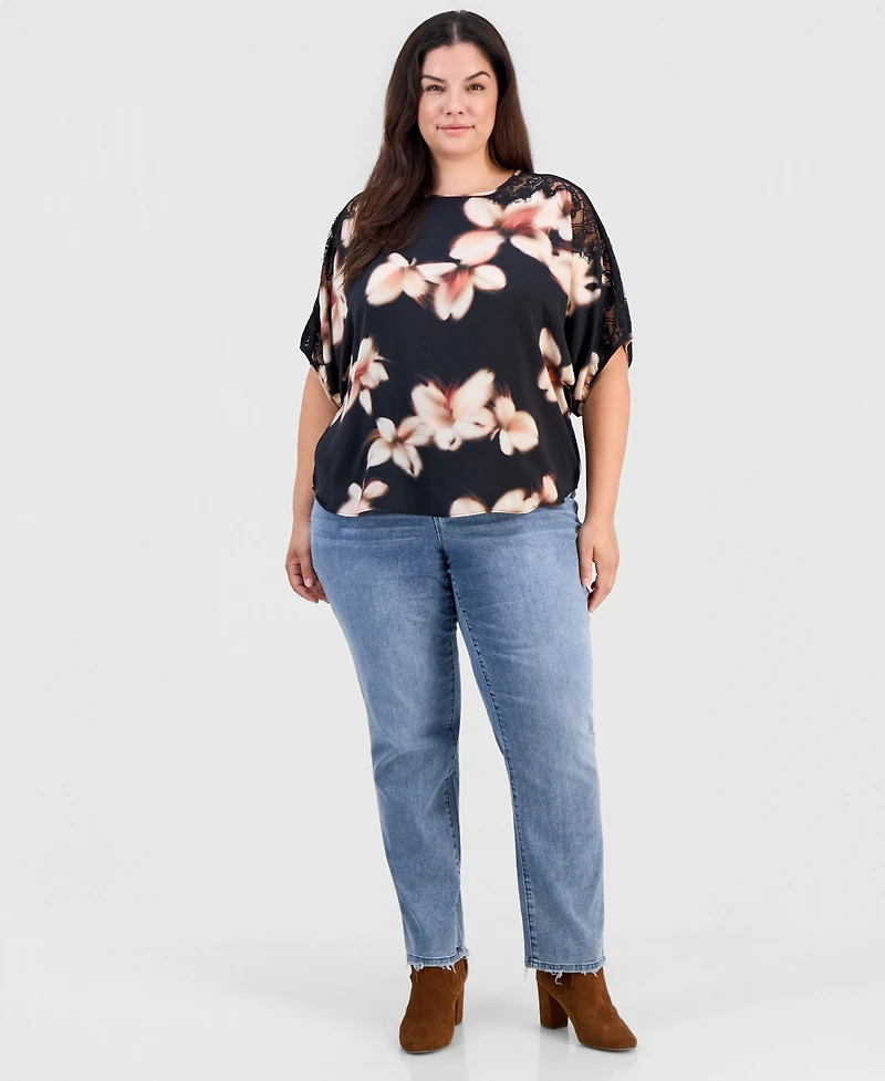 Democracy Plus Inset Lace Dolman Floral Blouse
