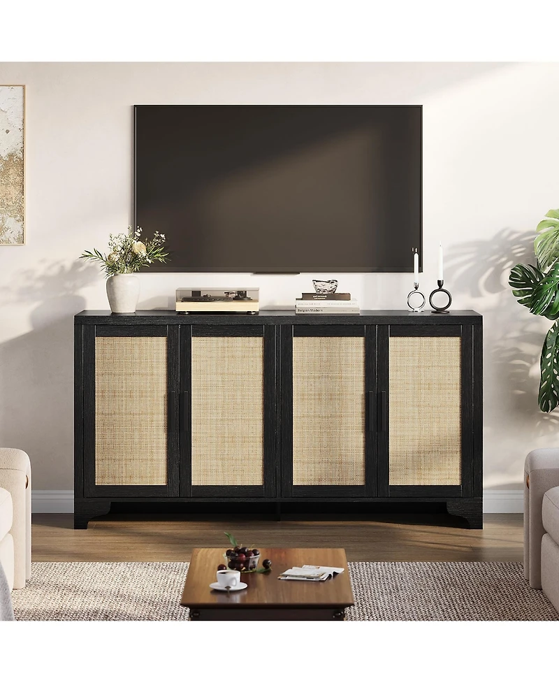 gaomon 62 Inches Rattan Sideboard Buffet Cabinet, 4-Door Kitchen Storage Cabinet with Shelves
