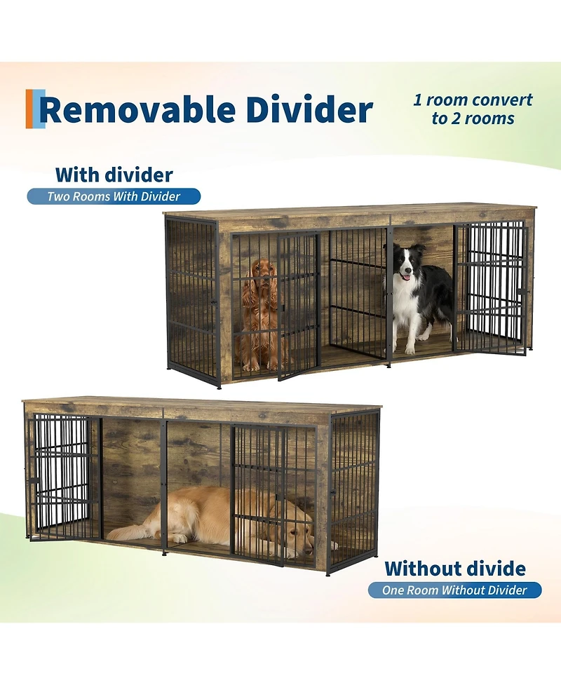 homfan Heavy Duty Wooden Dog House Furniture, Double 3-in-1 Kennel, Multifunctional End Table Tv Stand, Adjustable Feet