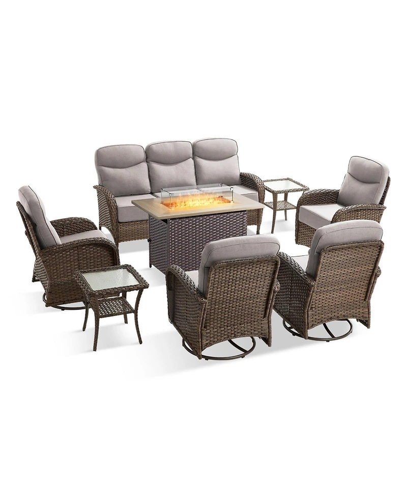 Pocassy Luxury High Back Outdoor Furniture with 6-inch Extra Thick Cushions, 8 Pieces Patio Set Fire Pit Table and Swivel Chairs