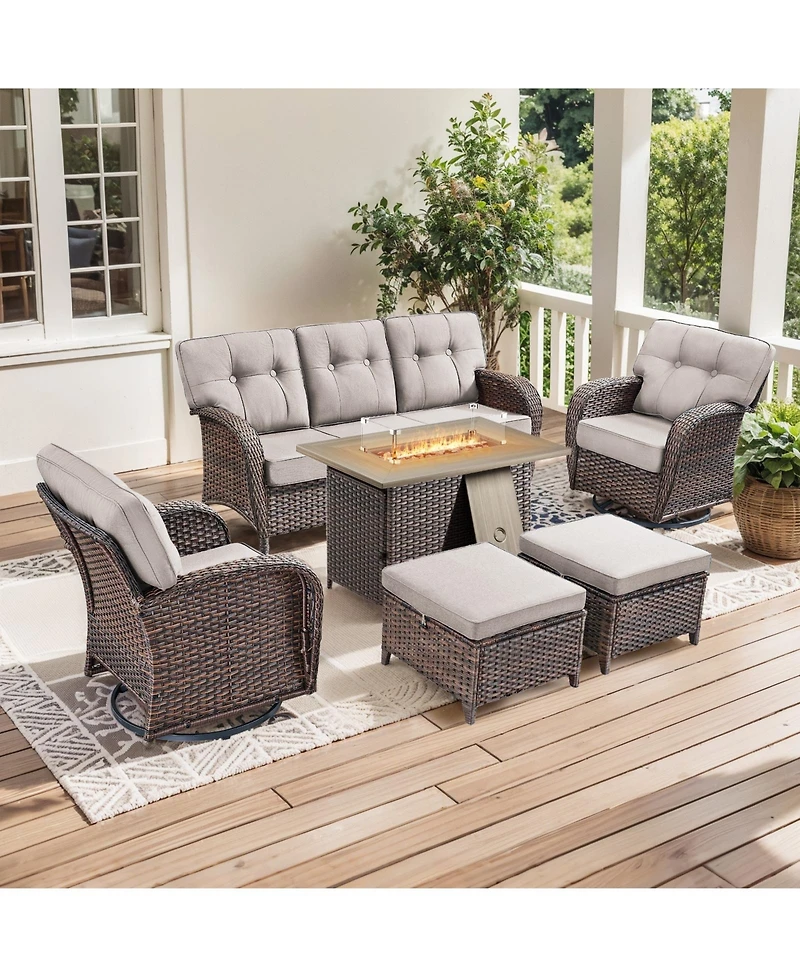 Pocassy 6 Pieces Patio Furniture Set with Fire Pit High Back Outdoor Cushions Wicker Swivel Rocker Chairs