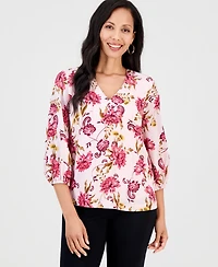 Jm Collection Women's Garden Floral V-Neck 3/4-Sleeve Top, Macy's Exclusive