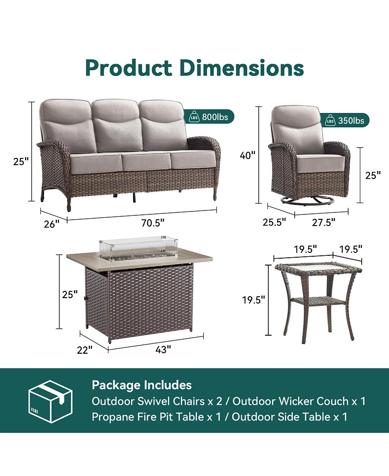 Pocassy Cushion Patio Furniture Set with Fire Pit Table, High Back Swivel Rocker Chairs Outdoor Couch, Wicker Conversation