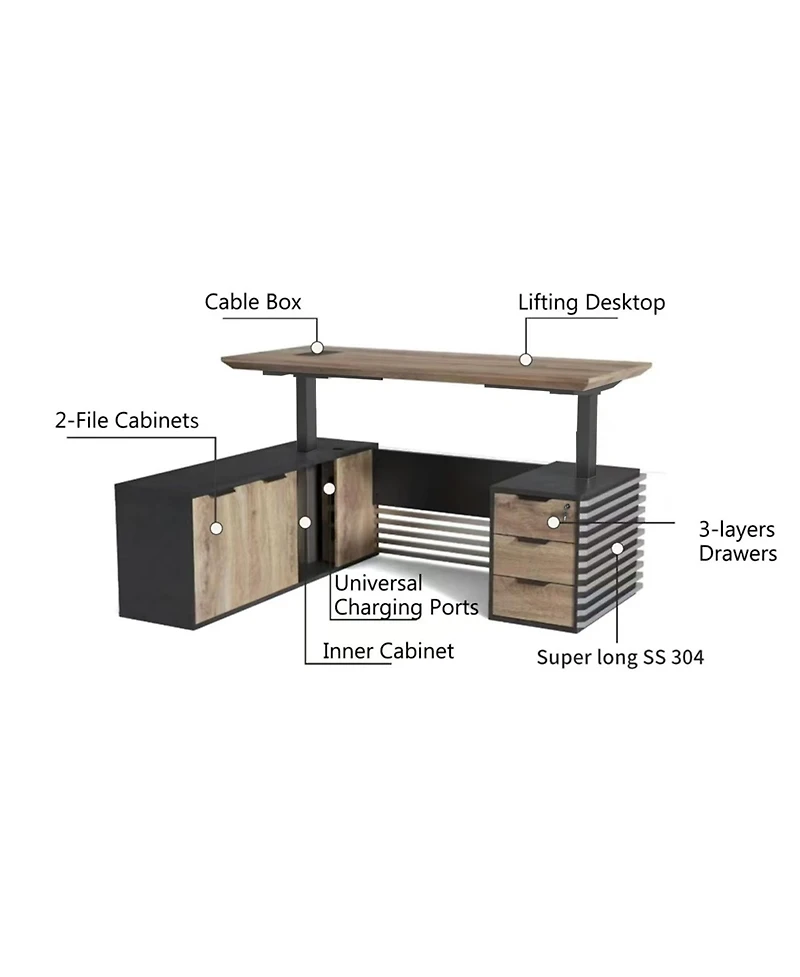 Logicfox L Shaped Executive Standing Desk with Drawers Universal Charging Ports