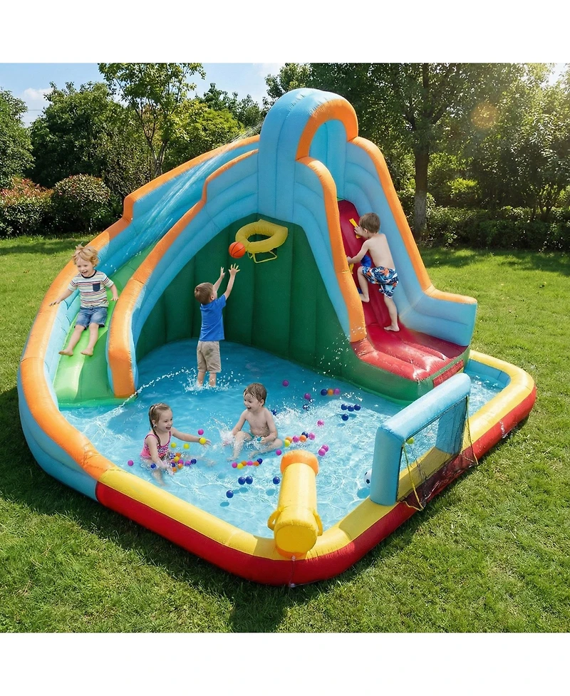 Gymax Inflatable Water Slide Park 6-in-1 Giant Bounce House Long Slide Splash Pool