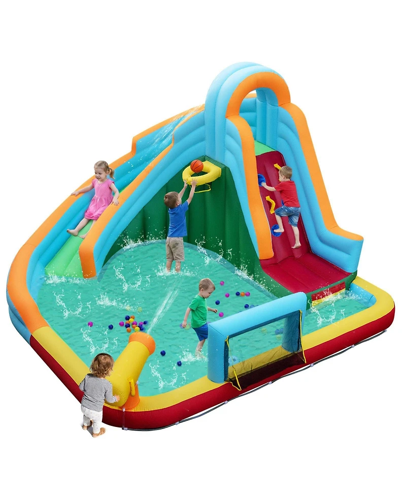 Gymax Inflatable Water Slide Park 6-in-1 Giant Bounce House Long Slide Splash Pool