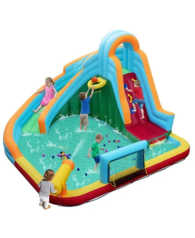 Gymax Inflatable Water Slide Park 6-in-1 Giant Bounce House Long Slide Splash Pool
