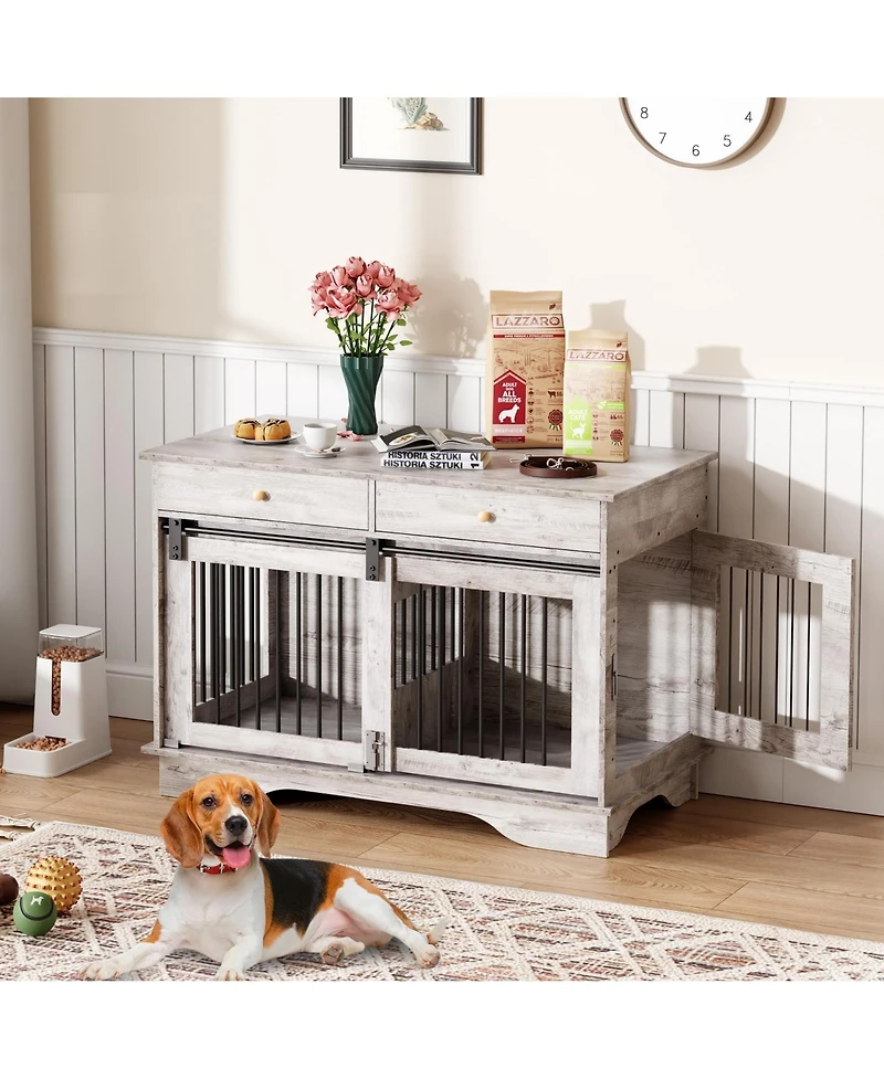 homfan Set of 2 Dog Crate Furniture, 47 Inch Gray Pet Health End Table with Storage Drawers and Removable Divider for Small Medium Large Dogs