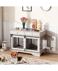homfan Set of 2 Dog Crate Furniture, 47 Inch Gray Pet Health End Table with Storage Drawers and Removable Divider for Small Medium Large Dogs