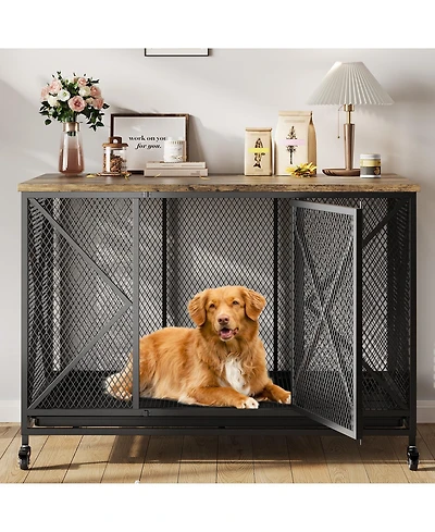 homfan Dog Crate Furniture, 48 Inch Black Indoor Dog Kennel Table with Metal Frame, Potty Tray, and Lockable Wheels for Large, Medium, and Small Dogs