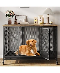 homfan Dog Crate Furniture, 48 Inch Black Indoor Dog Kennel Table with Metal Frame, Potty Tray, and Lockable Wheels for Large, Medium, and Small Dogs