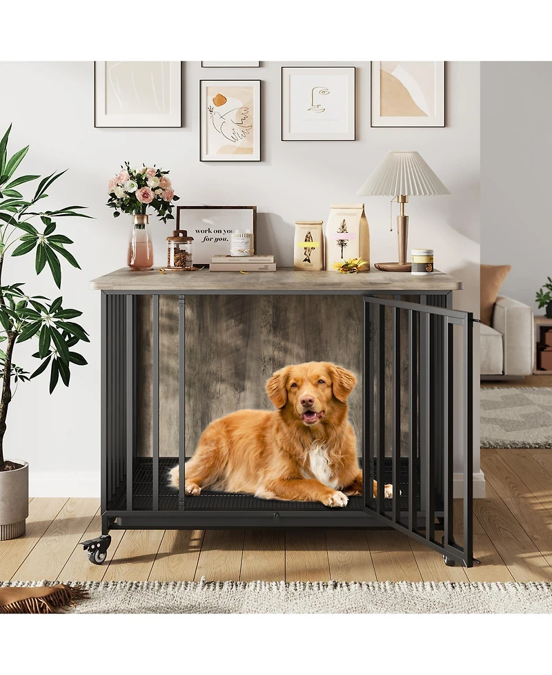 homfan Dog Crate Furniture with Removable Tray, Heavy-Duty Dog Cage with Lockable Wheels and Door, Wooden Kennel End Table for Small to Medium Breeds