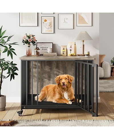 homfan Dog Crate Furniture with Removable Tray, Heavy-Duty Dog Cage with Lockable Wheels and Door, Wooden Kennel End Table for Small to Medium Breeds