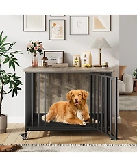 homfan Dog Crate Furniture with Removable Tray, Heavy-Duty Dog Cage with Lockable Wheels and Door, Wooden Kennel End Table for Small to Medium Breeds