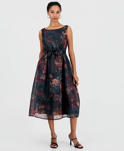 Connected Women's Floral-Print A-Line Midi Organza Dress
