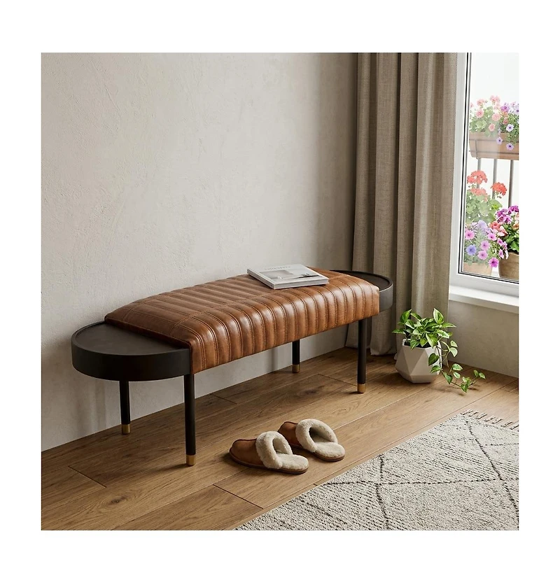 HomeRoots Warm Leather And Solid Wood Bench