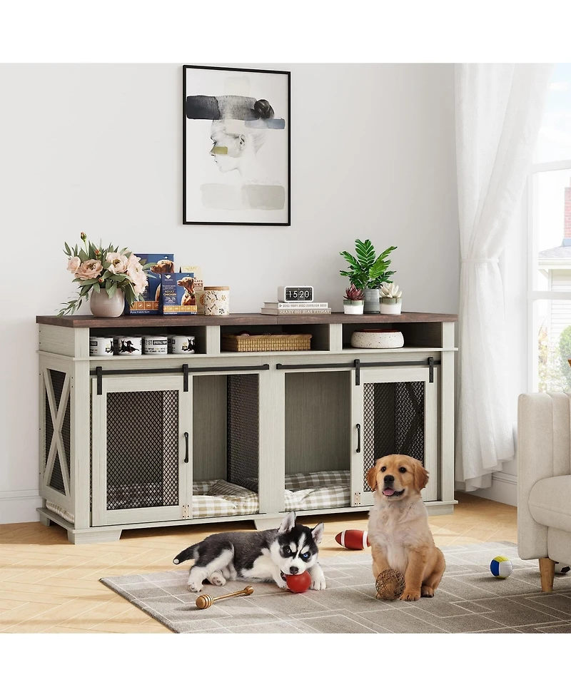 homfan Double Dog Crate Coffee Table Wooden Pet Kennel with 3 Storage Drawers and Sliding Barn Door for Large Dogs