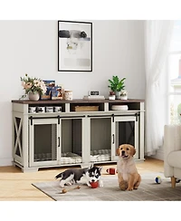 homfan Double Dog Crate Coffee Table Wooden Pet Kennel with 3 Storage Drawers and Sliding Barn Door for Large Dogs