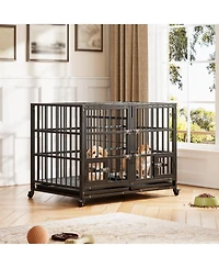 homfan Dog Crate Heavy Duty Metal Dog Cage with Flexible Divider, 2 Doors, 2 Feeding Bowls, and Removable Tray for Small Medium Large Pets