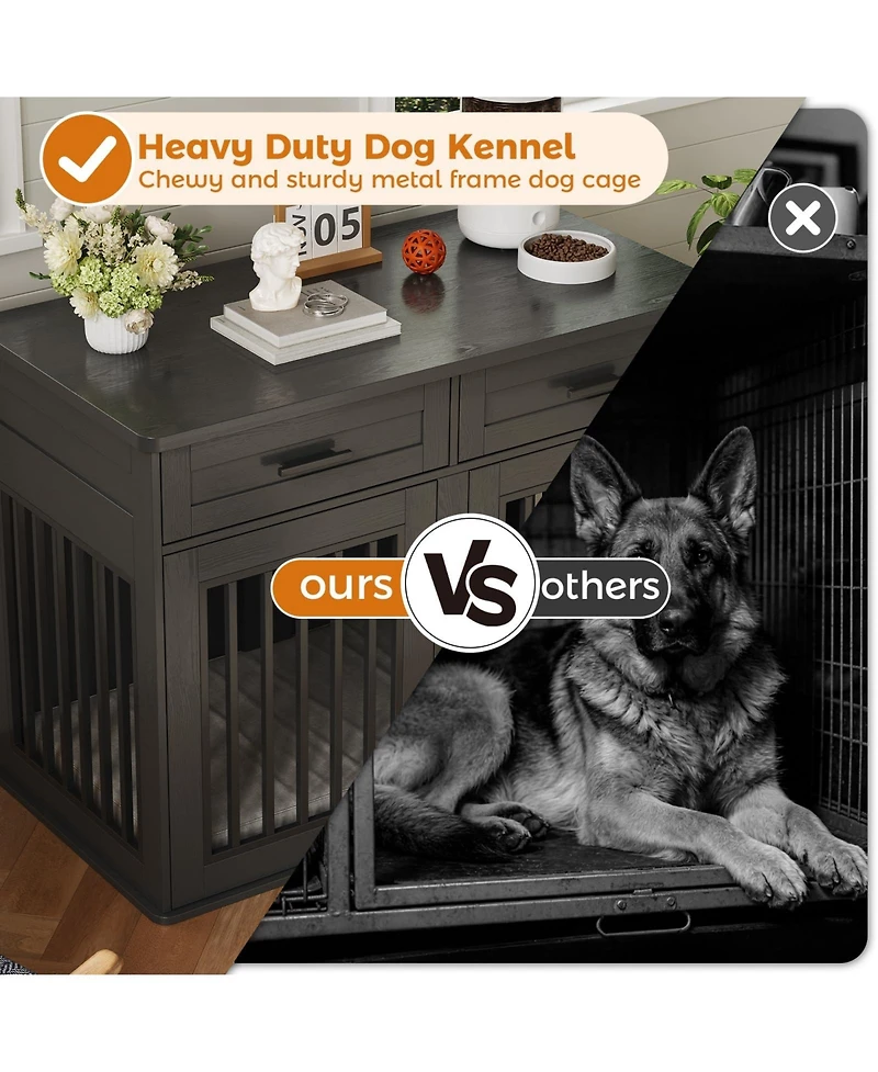 homfan Dog Crate Furniture Wooden Heavy Duty Indoor Kennel, Storage Drawers