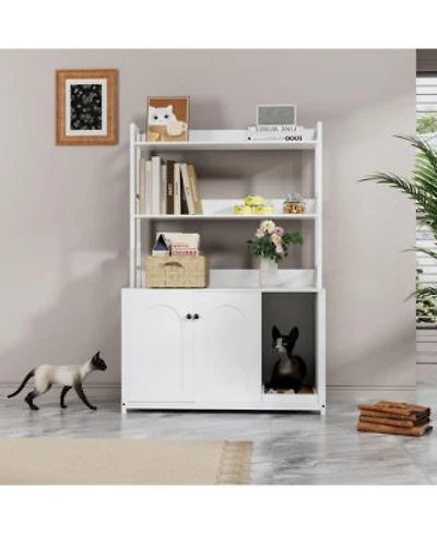 Homfan 52 Cat Litter Box Enclosure With Storage Shelves Double Doors Modern Wooden Cabinet Scratch Pad.