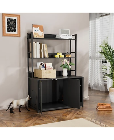 homfan 52" Cat Litter Box Enclosure with Storage Shelves and Double Doors, Modern Wooden Cabinet, Scratch Pad.