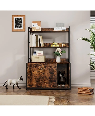 homfan 52" Cat Litter Box Enclosure with Storage Shelves and Double Doors, Modern Wooden Cabinet, Scratch Pad.