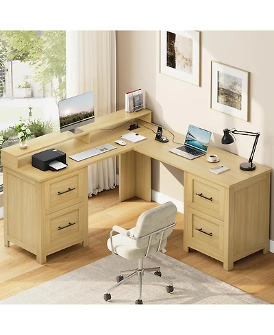 gaomon 63" L-Shaped Executive Desk with 4 File Drawers and Power Outlet – Large Corner Computer Desk with Monitor Stand, Home Office Desk, Wood Tone