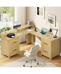 gaomon 63" L-Shaped Executive Desk with 4 File Drawers and Power Outlet – Large Corner Computer Desk with Monitor Stand, Home Office Desk, Wood Tone