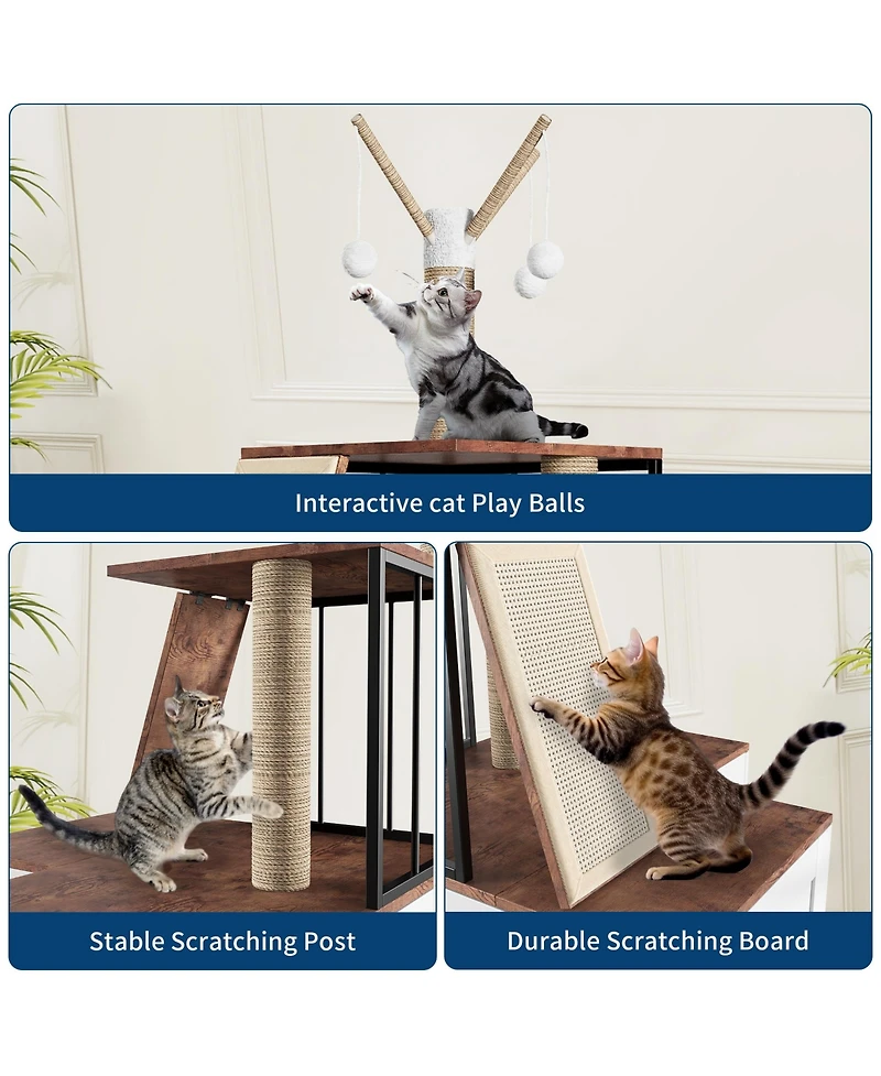 homfan Multi-Level Wooden Crate with Storage Tall House with Hidden Litter Box, Scratching Post, Play Area, L-Shaped Design, Easy Clean Indoor Kennel.