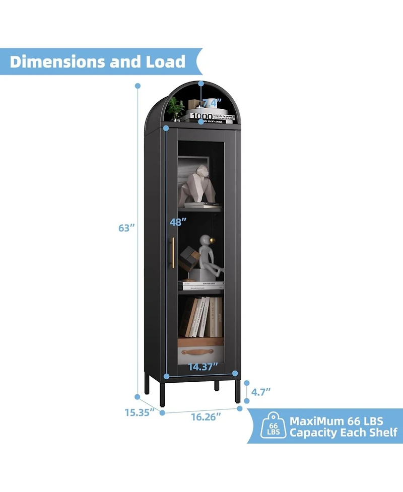 Boyel Living 63" Metal Arched Bookcase with Glass Doors, Tall Display Storage Cabinet with Shelves for Living Room