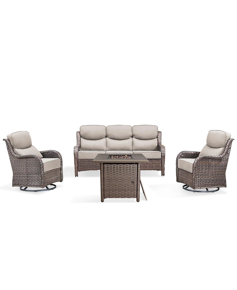 Pocassy 4 Piece Outdoor Patio Furniture Sets with Fire Pit Table,Wicker Sectional Sofa Swivel Chairs,6 Inch Thick Cushion