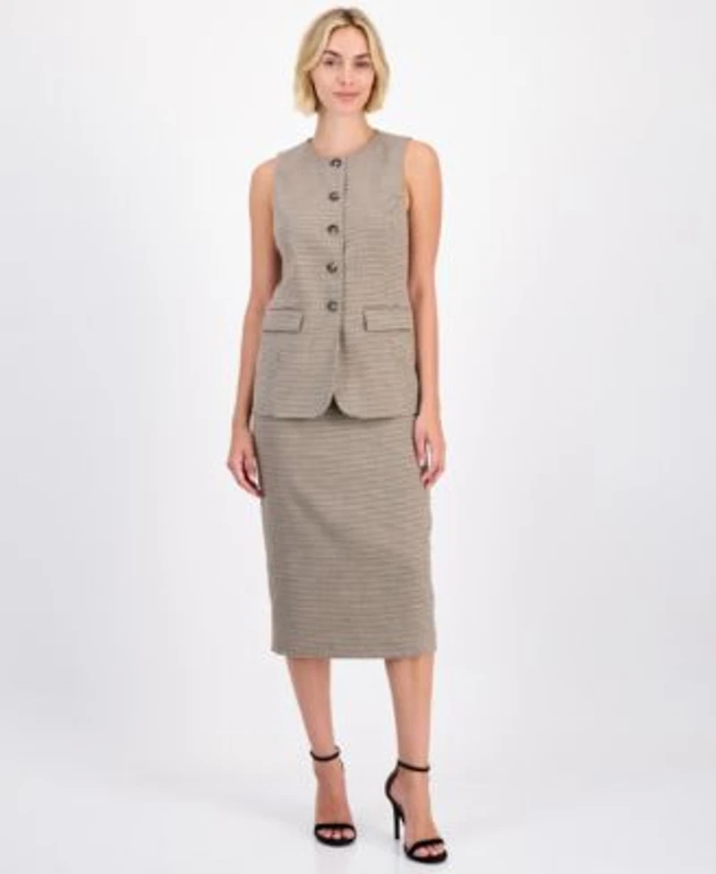 Anne Klein Womens Five Button Crewneck Vest Houndstooth Pencil Skirt