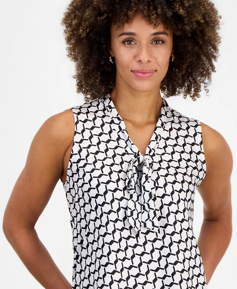 Kasper Women's Geo-Print Tie-Neck Sleeveless Blouse