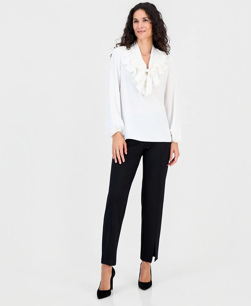 Kasper Petite Solid Georgette Ruffle-Neck Blouse
