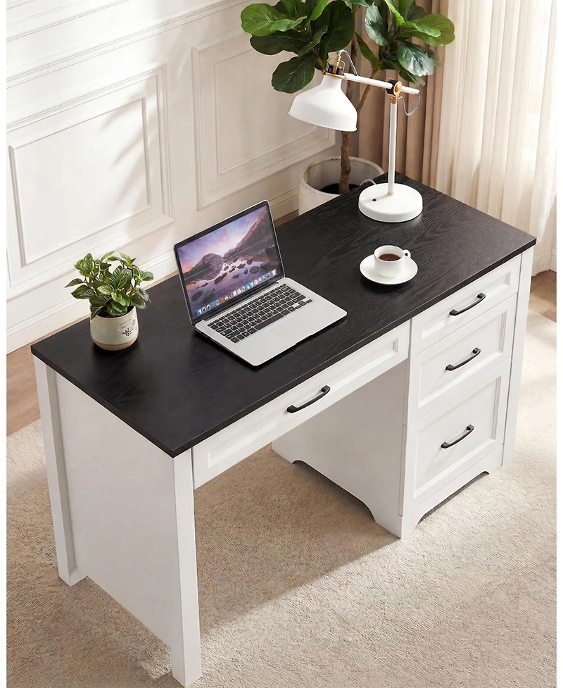 homfan Farmhouse Executive Desk with File Cabinet and Storage Drawers - Space-Saving Small Home Office Desk for Bedroom or Study