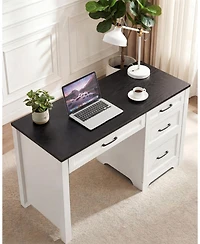 homfan Farmhouse Executive Desk with File Cabinet and Storage Drawers - Space-Saving Small Home Office Desk for Bedroom or Study