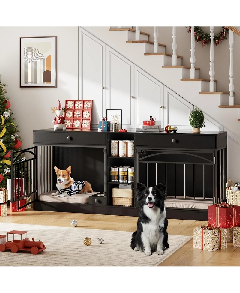 homfan Double Dog Crate Furniture for 2 Small/Medium Dogs with Drawers, Shelves, Feeding Bowls, Indoor Kennel & Tv Stand