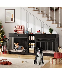 homfan Double Dog Crate Furniture for 2 Small/Medium Dogs with Drawers, Shelves, Feeding Bowls, Indoor Kennel & Tv Stand