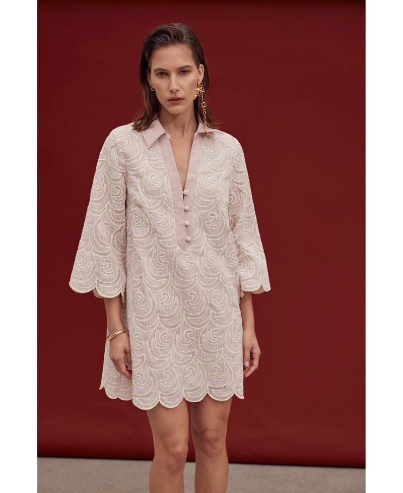 English Factory Women's Striped Embroidered Scallop Hem Shirt Mini Dress