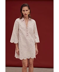 English Factory Women's Striped Embroidered Scallop Hem Shirt Mini Dress
