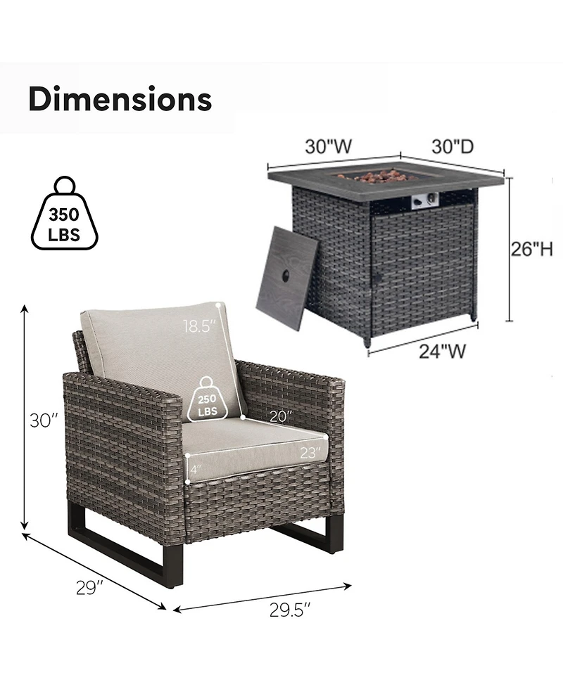 Pocassy 5 Pieces Patio Furniture Set with Fire Pit Table, Wicker Chairs, All Weather Outdoor Conversation