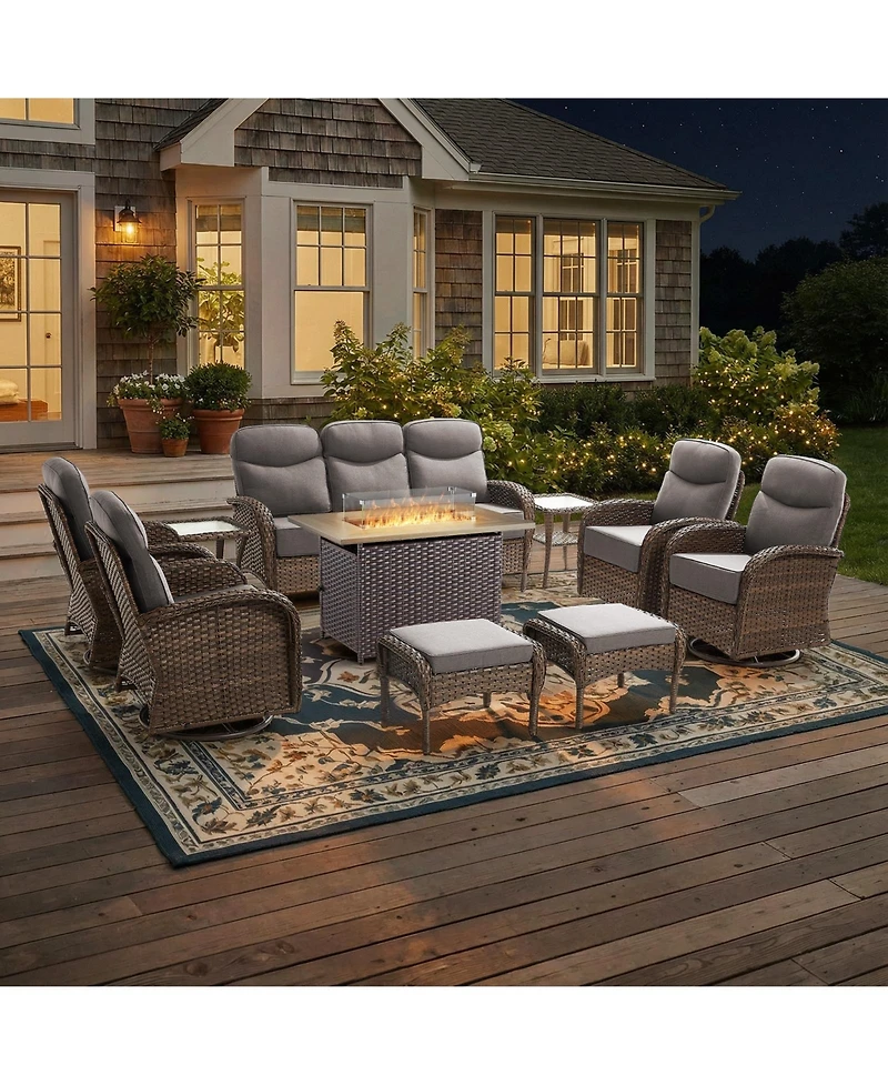 Pocassy 10 Pieces Patio Furniture Set, Outdoor Wicker Sofa Couch with Rocking Swivel Chairs Fire Pit Table, Modern Deep Seat Rattan Conversation Sets
