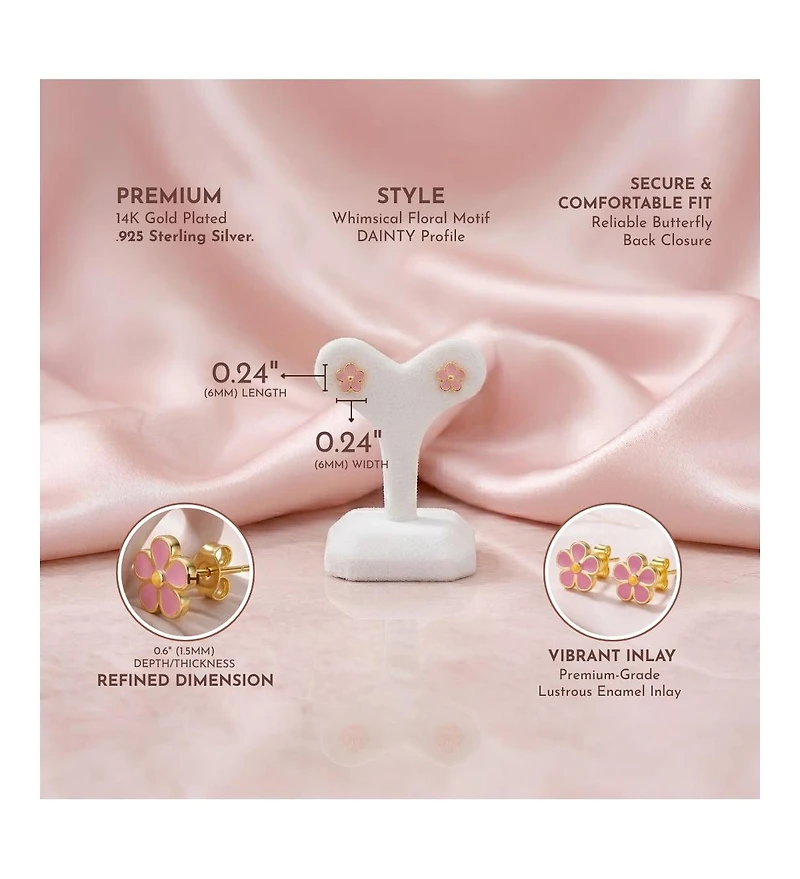 GiGiGirl Sterling Silver 14K Gold Plated Fuchsia-Pink & Yellow Enamel Daisy Stud Earrings